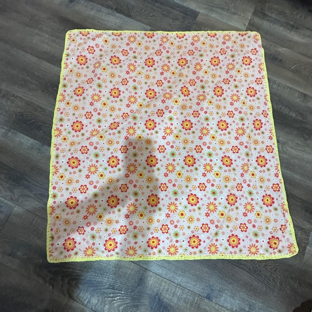 Handmade Floral Flannel Baby Blanket Retro Pink Orange Yellow Crochet Trim 39x42